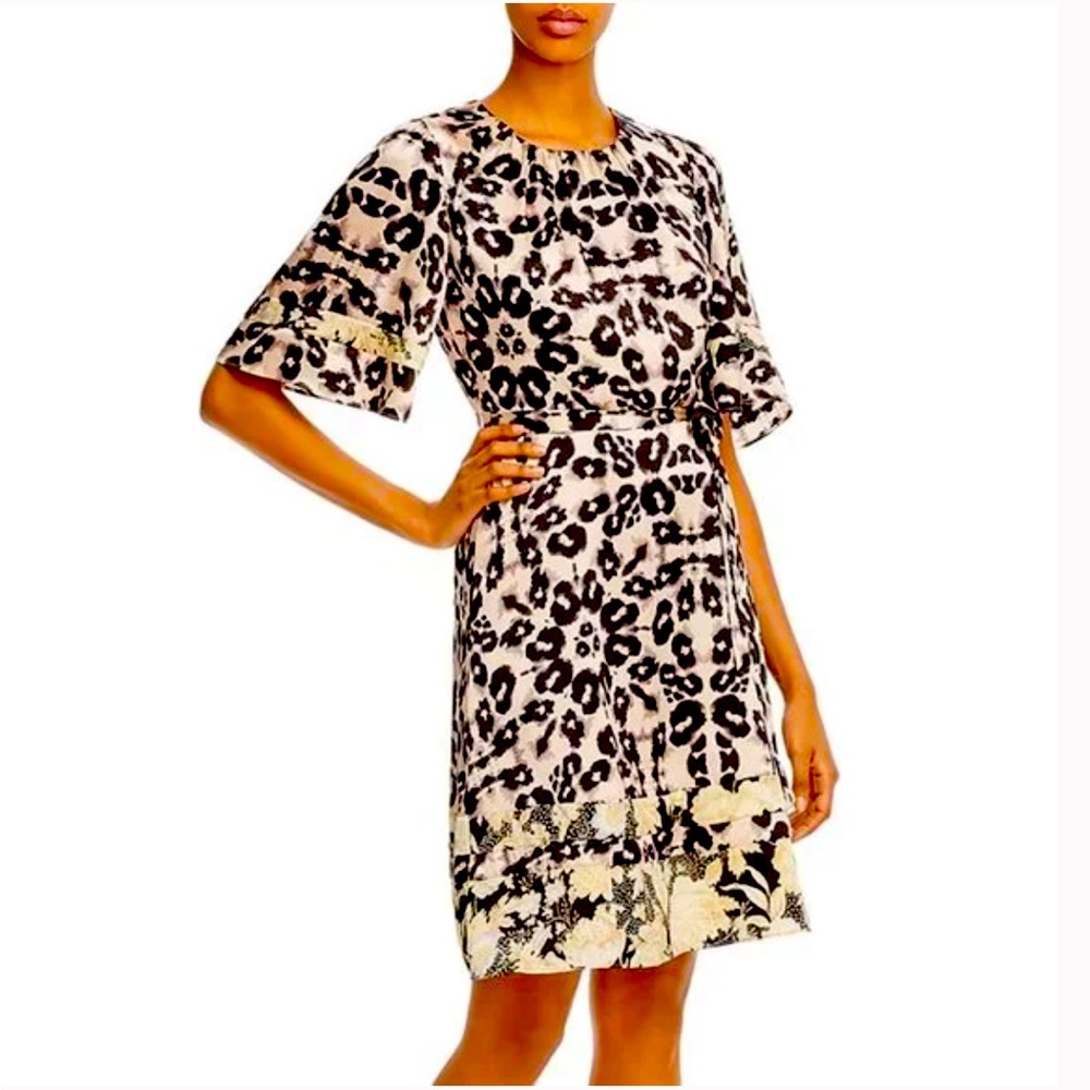 NWOT Rebecca Taylor, 100% silk animal print belted cocktail party mini dress